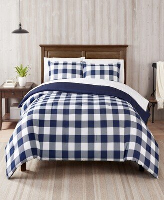 Simply Clean Alex Buffalo Check Plaid Microbial-Resistant 7-Piece Complete Bedding Set, King - Navy, White