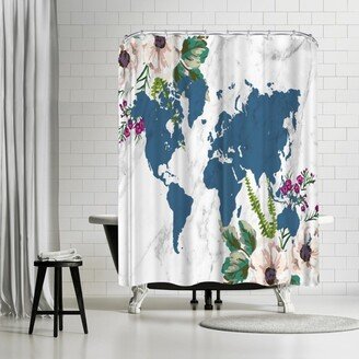 71 x 74 Shower Curtain, Floral Burst Marble Map (Navy) by Samantha Ranlet