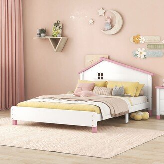 TOSWIN Funny Design Full Platform Bed with House-Shaped Headboard