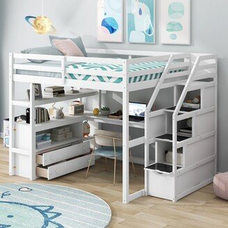 EDWINRAY Full Size Loft Bed with Desk and Shelves, Simple and Stylish Solid Pine Wood Bed Frame w/2 Built-in Drawers, Storage Staircase