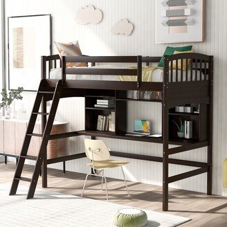 GEROJO Espresso Solid Wood Twin Size Loft Bed with Desk, Spacious Shelves, and Ladder, Maximize Space and Functionality