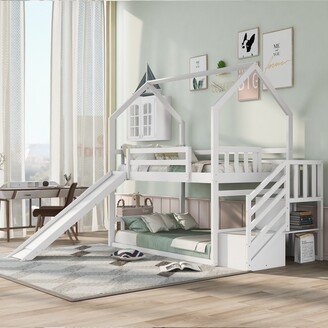 EDWINRAY Twin over Twin House Bunk Bed with Convertible Slide, Storage Staircase,White