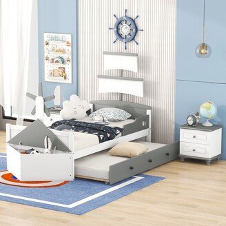 Calnod 3-Pieces Bedroom Sets, Twin Size Boat-Shaped Platform Bed with Trundle Bed and Two Storage Nightstands, Wood Frame for Children