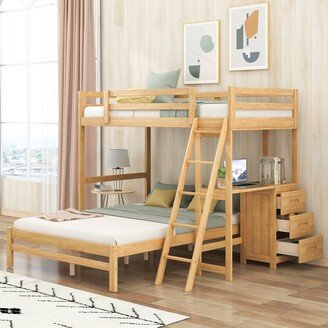 Sunmory Twin over Full Bunk Bed with Built-in Desk and Three Drawers