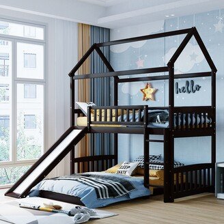 GEROJO Twin Over Twin Bunk Bed with Slide, House Bed Design, Solid Pine Legs and Durable Frame, Maximized Space Saving