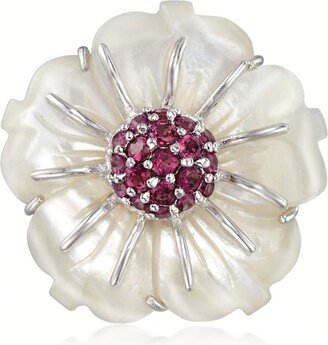 Mother-Of-Pearl and Rhodolite Garnet Flower Pin in Sterling Silver