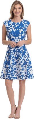Women's Petite Floral Print Fit and Flare with Contrast Border at Hem