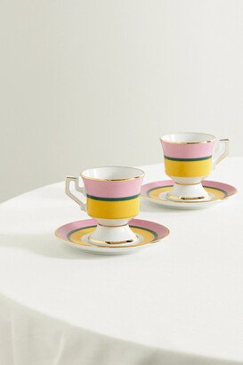 Set Of Two Gold-plated Porcelain Espresso Cups And Saucers - Pink