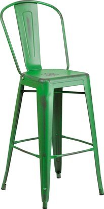 Commercial Grade 30 High Distressed Green Metal Indoor-Outdoor Barstool with Back