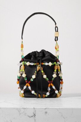 Embellished Recycled Faux Leather-trimmed Satin Bucket Bag - Black