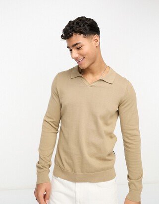 knit camp collar long sleeve polo in beige