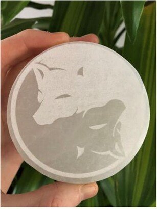 Wolf Yin Yang Etched Selenite Charging Plate 6, Creations - Charge Your Crystals in Style Ethically Mined, Usa