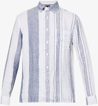 Mens Optic White Breton Striped-pattern Regular-fit Linen Shirt