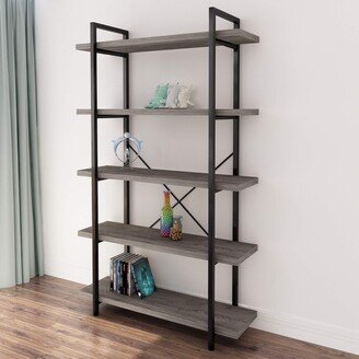 EPOWP 5-Tier Vintage Industrial Style Bookcase/Metal and Wood Bookshelf Furniture for Collection, Gray