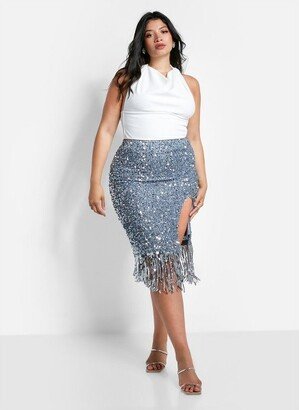 Rebdolls Women's Glimmer Sequin Fringe Midi Bodycon Skirt - Silver - 5X