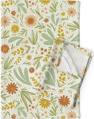 Botanical Tea Towels | Set Of 2 - Meadow Flowers By Wildbasile Mustard Terracotta Cottagecore Linen Cotton Spoonflower