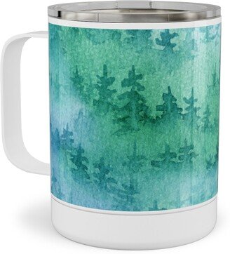 Travel Mugs: Watercolor Forest - Green And Blue Stainless Steel Mug, 10Oz, Green