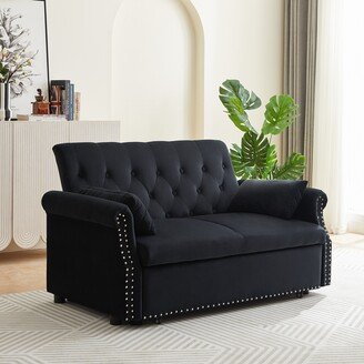 EHEK 55'' Convertible Loveseat with 2 Lumbar Pillows, Velvet Sleeper Sofa with Pull-Out Bed and Adjustable Backrest