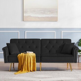 TOSWIN Modern Velvet Tufted Sofa Couch with 2 Pillows and Nailhead Trim Loveseat Sofa Futon Sofa Bed with Metal Legs for Living Room-AA