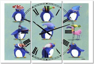 Designart Eight Penguins and a Flamingo Large Nautical & Coastal 3 Panels Wall Clock - 23 x 23 x 1