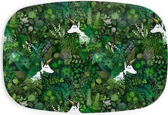 Serving Platters: Irish Unicorn In A Green Garden Serving Platter, Green