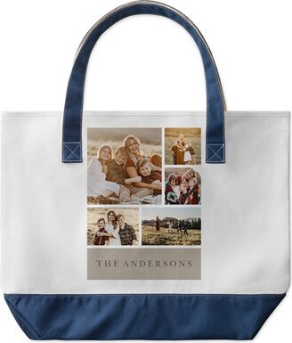 Large Tote Bags: Modern Rustic Banner Large Tote, Navy, Photo Personalization, Large Tote, Beige