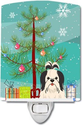 Merry Christmas Tree Shih Tzu Black White Ceramic Night Light