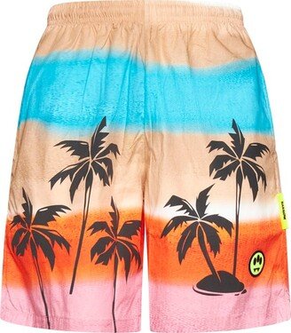 Palm-Tree Printed Striped Bermuda Shorts