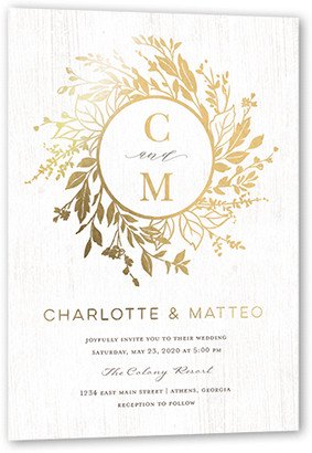 Wedding Invitations: Garland Initials Wedding Invitation, Gold Foil, White, 5X7, Matte, Personalized Foil Cardstock, Square