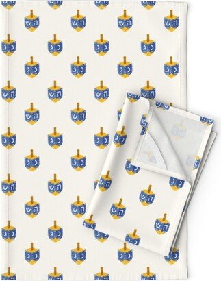 Dreidel Tea Towels | Set Of 2 - Hanukkah By Julia Dreams Beige Blue Yellow Traditional Toys Kids Linen Cotton Spoonflower