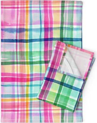 Checks Tea Towels | Set Of 2 - Cheerful By Ninola-Design Watercolor Springtime Pink Linen Cotton Spoonflower