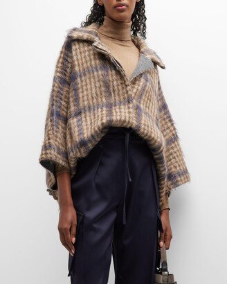 Cashmere Blend Check-Print Cape with Monili Detail