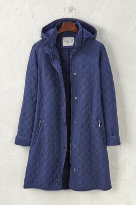 Women's Hooded Quilted Long Car Coat - Midnight Navy - PS - Petite Size