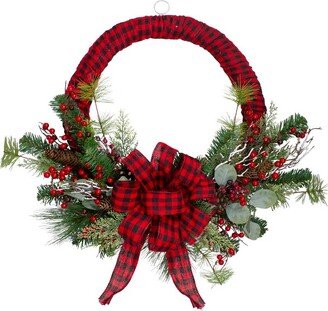 Northlight Red and Black Buffalo Plaid and Berry Artificial Christmas Wreath - 24-Inch, Unlit