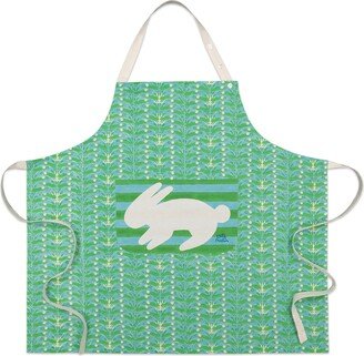 Kate Austin Designs Limited Edition Organic Cotton Adjustable Neck Strap Apron With Front Pocket And Waist Tie Closures In Spring Green And Aqua Blue Bunny Block Print