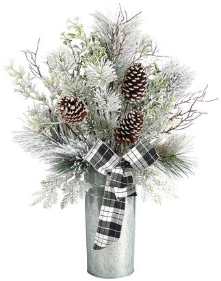 Frosted Greenery And Pinecone With Plaid Bow Artificial Christmas Arrangement In Decorative Tin