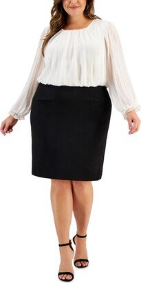 Plus Size Mixed-Media Long-Sleeve Sheath Dress - Ivory/Black