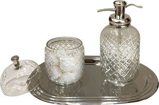 Set of 3 Emory Glass & Chrome Soap Pump & Q-tip Jar set with Vanity Tray Metallic Silver