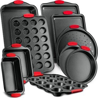 Kitchen Oven Non Stick Gray Coating Carbon Steel 10 Piece Bakeware Set with Heat Resistant Red Silicone Handles