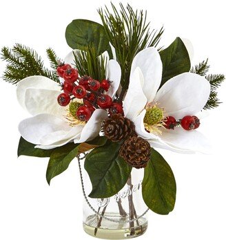 Magnolia, Pine, and Berry Holiday Arrangement in Glass Vase