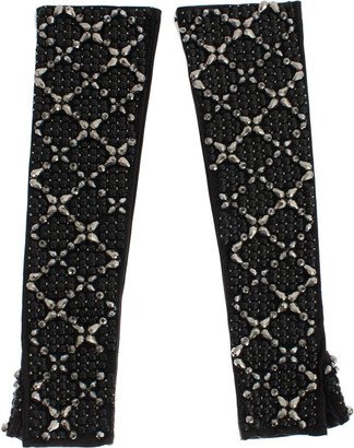 Dolce & Gabbana Black Leather Crystal Beaded Finger Free Women's Gloves