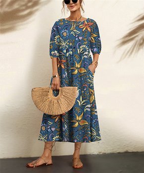 Earth Yellow & Blue Floral Round-Neck Maxi Dress - Women & Plus