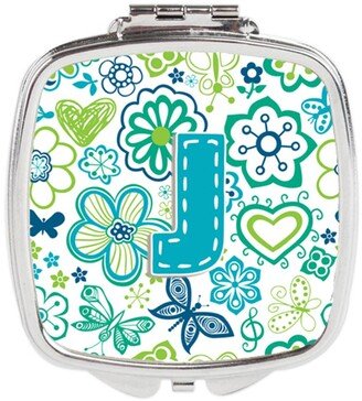 CJ2006-JSCM Letter J Flowers & Butterflies Teal Blue Compact Mirror