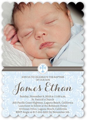 Baptism Invitations: Elegant Cross Boy Baptism Invitation, Blue, Pearl Shimmer Cardstock, Scallop