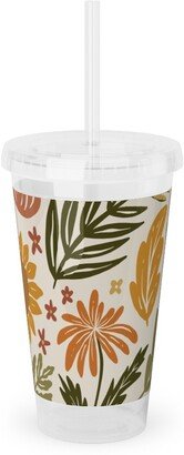 Travel Mugs: Autumn Botanicals - Leaves, Acorns, Sunflowers, Ferns, Mums, Pinecones, Mushrooms - Light Acrylic Tumbler With Straw, 16Oz, Multicolor