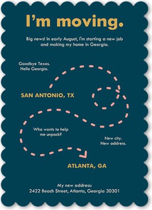 Moving Announcements: Moving Map Moving Announcement, Blue, 5X7, Signature Smooth Cardstock, Scallop