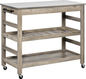 HOMCOM Rolling Kitchen Cart with Stainless Steel Countertop, 1 Bottom Shelf, 1 Slotted Middle Shelf and 4 Castor Wheels, Gray