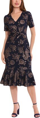 Petite Twist-Waist Flounce-Hem Midi Dress - Navy/Rose