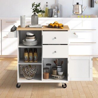 NOVABASA Kitchen Cart on 4 Wheels with 2 Drawers and 3 Open Shelves, Kitchen Island with Rubber Wood top for Dinning Room