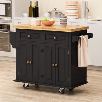 EDWINRAY 43.31 Wide Kitchen Island Cart with 2 Storage Cabinets and 2 Locking Wheels, 4 Door Cabinet and 2 Drawers